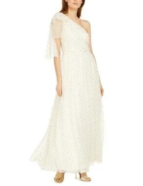 Eliza J White Evening Gown Metallic Polka Dot One Shoulder A-Line Dress Size 12